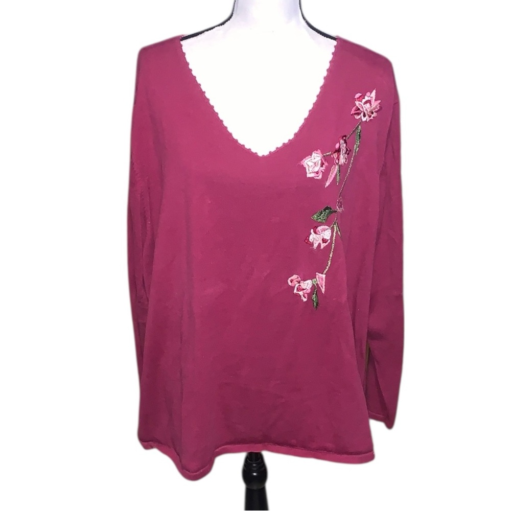 Susan Graver V-Neck Sweater with Floral Embroidery Long Sleeve
